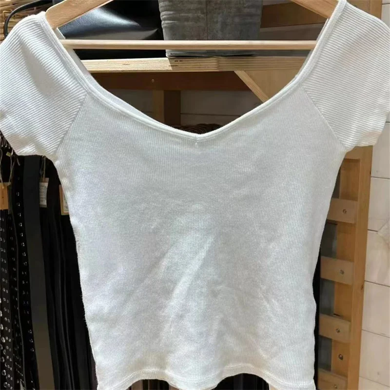 Sweet Women White Tops 2024 Fashion Summer Ladies Short Sleeve V-neck Shirt Casual Female Soft Slim Clean Solid Shirt