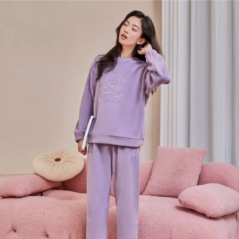 Flannel Women Pyjamas Sets Thickinng Long Sleeve Solid Cartoon Sleepwear Femme Round Neck Pajamas Set 3XL Big Size Nightwear