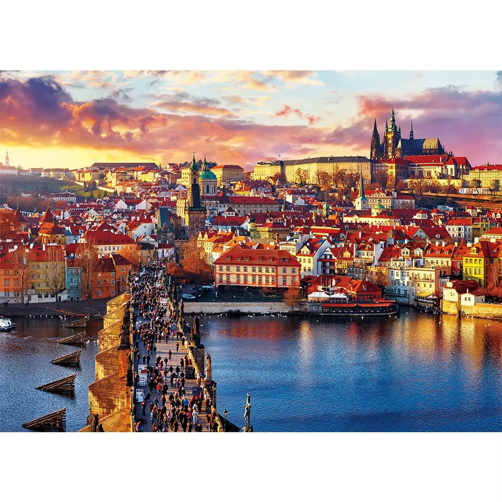 

Prague Charles Bridge Sunset Jigsaw Puzzle, Vltava River Prague Castle Red Roof European City Sunset Landscape Wall Decor