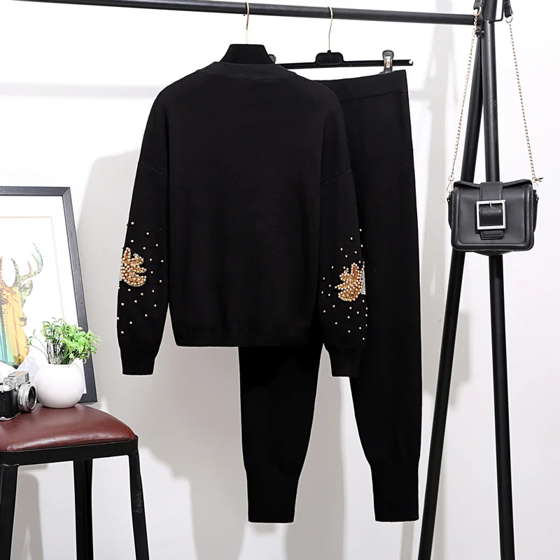 Manual Beaded Sequin Flowers Women Knitted Tracksuit Set Loose Black Pullover Sweater Long Pants Knit Two Piece Outfits Female