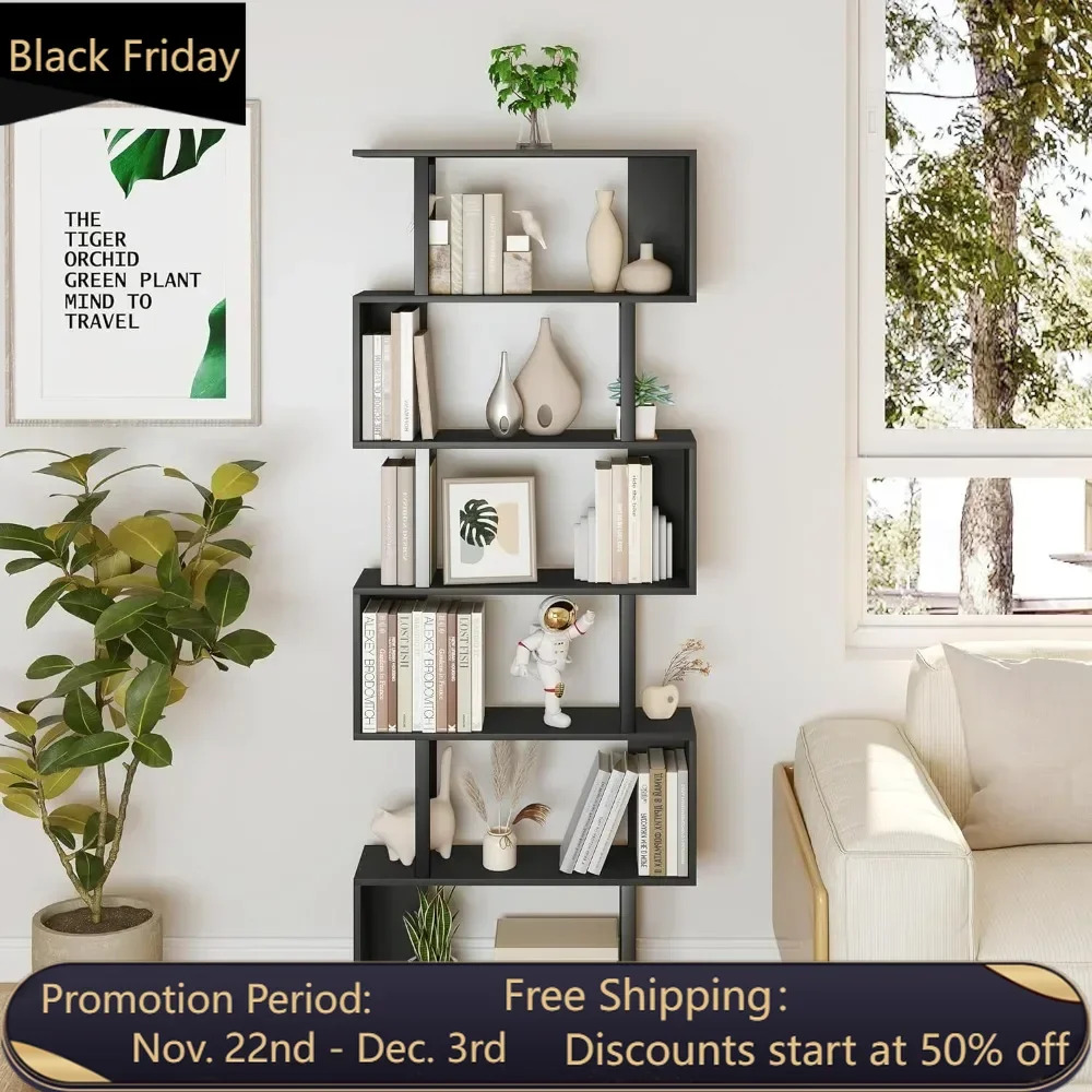 

Geometric Bookcase, S Shaped Bookshelf 6-Tier Bookshelves for Bedroom, Modern Wood Decorative Display Shelf Tall Bookcase