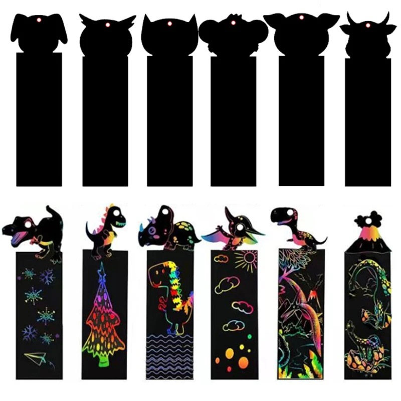 12PCS Bookmark Scratch Paper DIY Children Painting Toys Puzzle Early Education Toys Kids Birthday Gift Scratch Painting TMZ