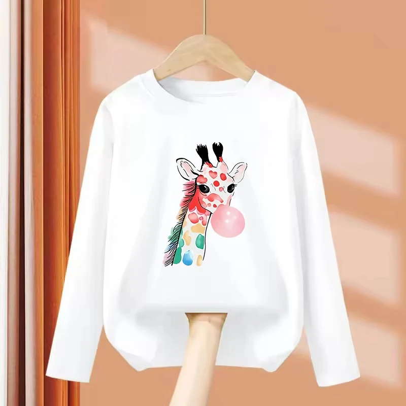 Long Sleeve Y2k Giraffe with Gum Printed T Shirts Animal Kids Children's T-shirt Boys Girls Summer Spring Casual Top Tee Shirt