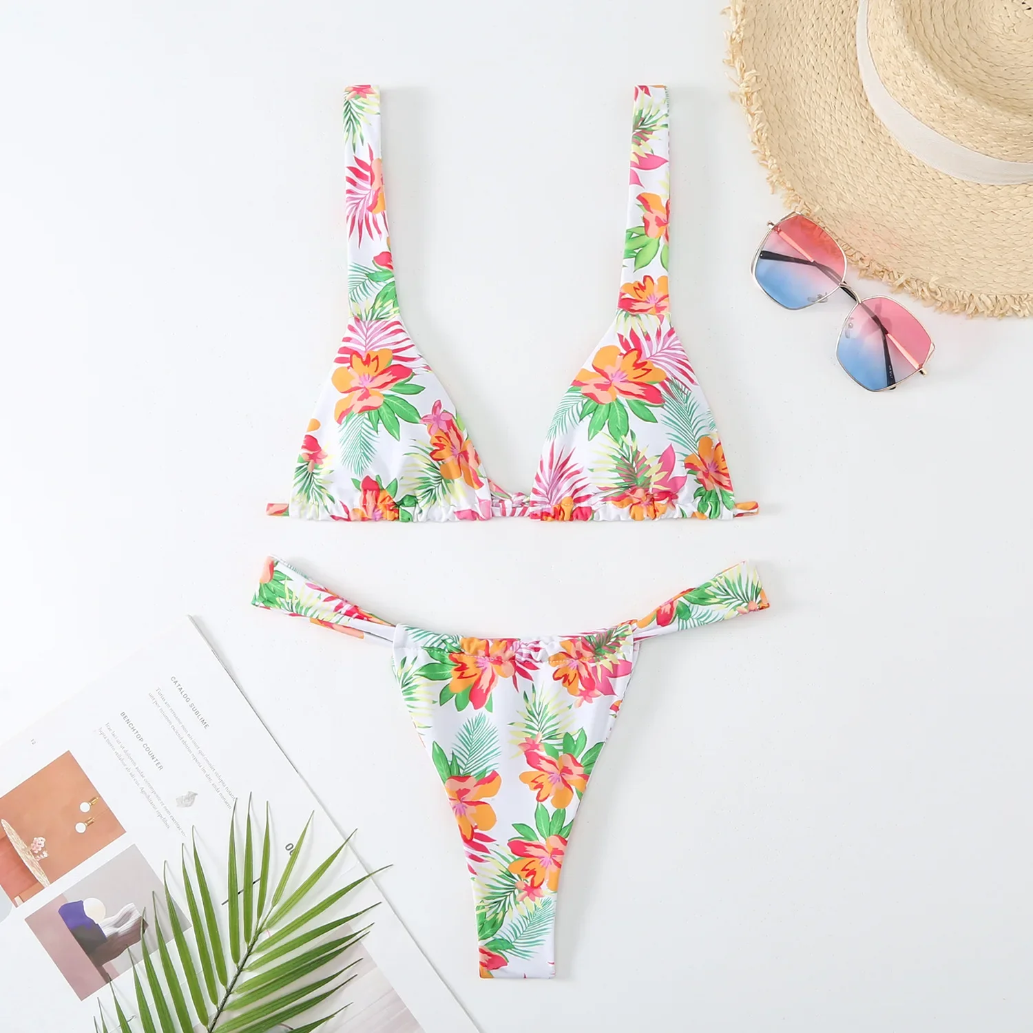 Adorável flor impressão conjunto de biquíni feminino 2024 cintura baixa 2 peças maiô sexy tanga banho verão praia férias maiô novo