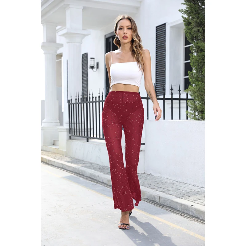 2024 New Spring Summer Women Sparkle Rhinestone Sexy Perspectivity Slim Pants Spicy 2000s Girl Fashion Y2k Street Flared Pants