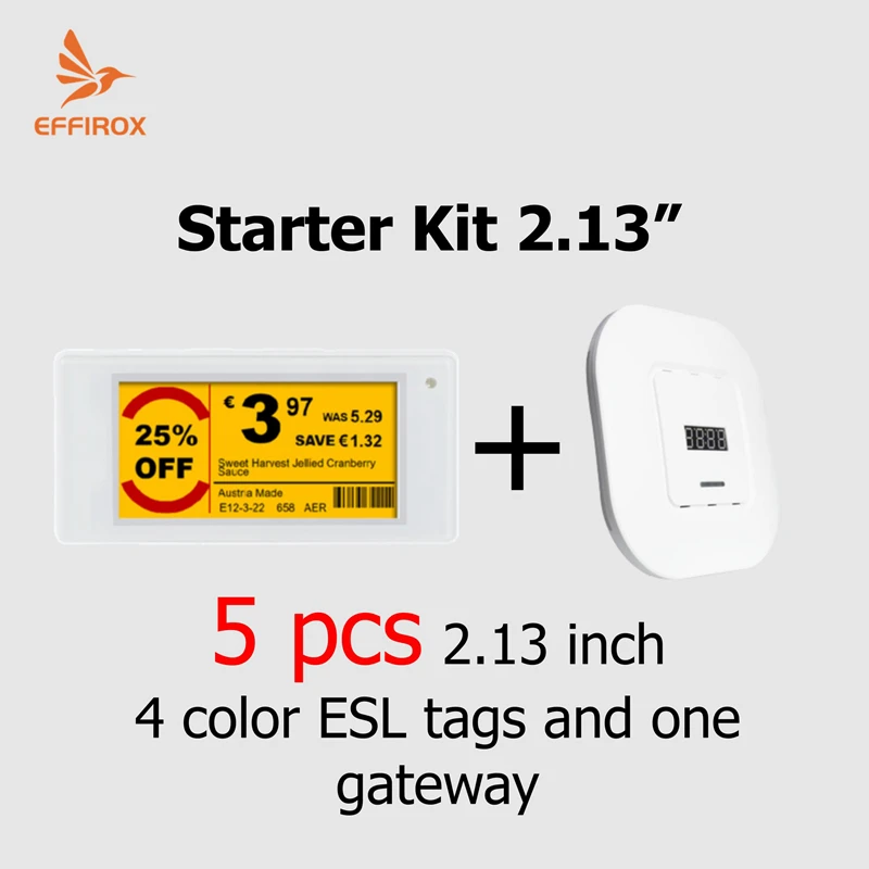 2.13 inch Electronic Shelf Labels Starter Kit with ESL Gateway Controller, 5 Digital Price Tags and 1 Base Station Combo