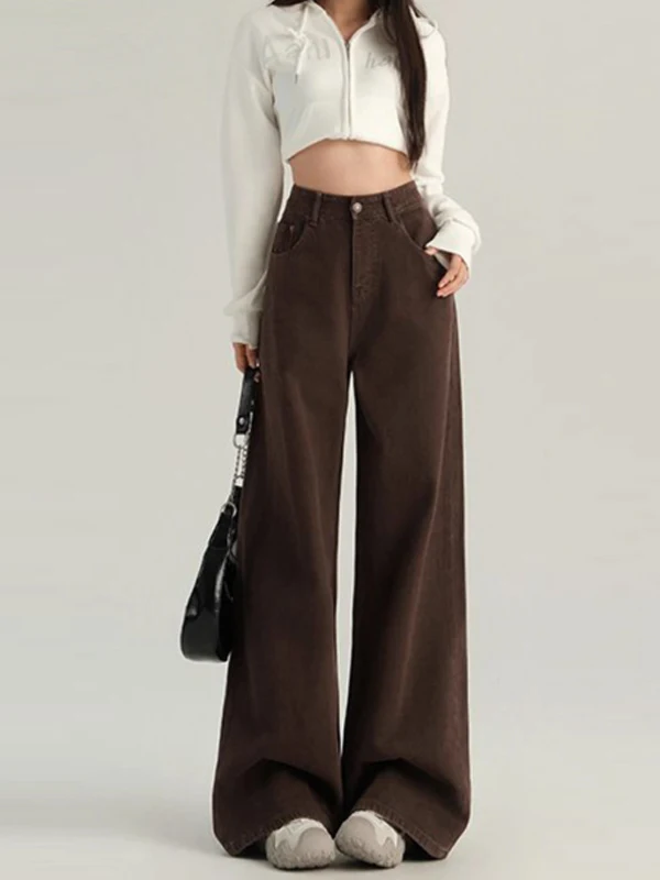 High Waist Wide Leg Loose Fit Denim Pants Women's plus Size Coffee Color Straight Cut Trousers Comfortable Breathable Korean ...