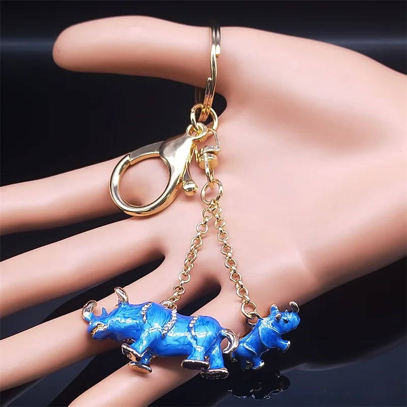 Fashion Rhinoceros Keychain for Women Men Car Bags Alloy Rhinestone Animal Key Ring Holder Trinket Jewelry Accessories