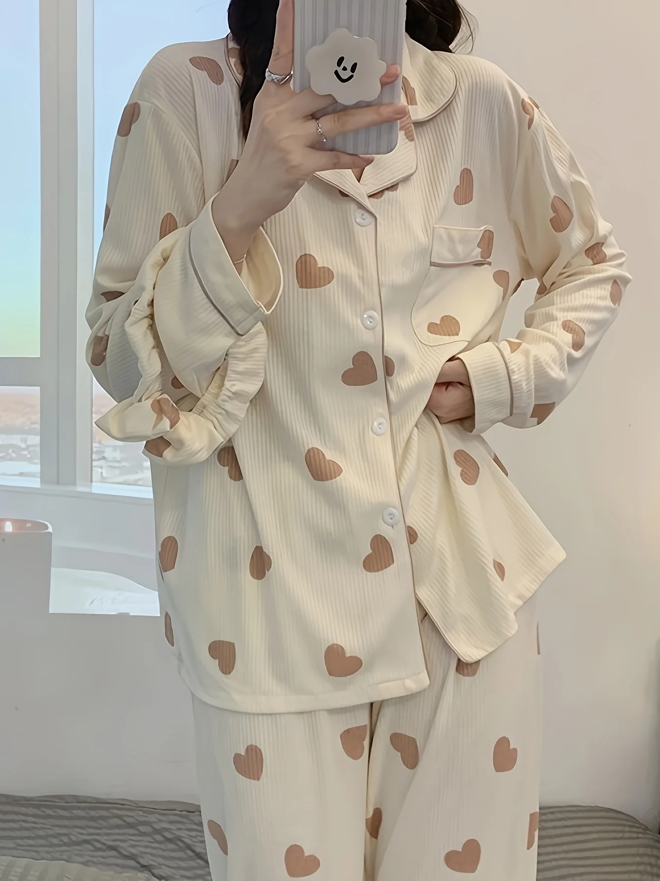 طقم بيجامة نسائية منزلية عصرية بأكمام طويلة مكون من قطعتين بنمط قلب - حلوة وجميلة، مع إحساس بالبساطة. #6