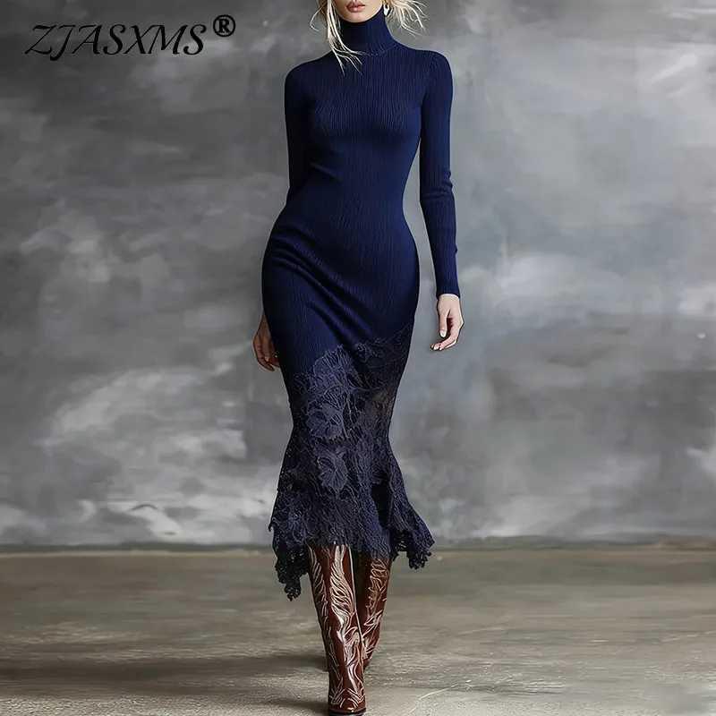 

Весеннее элегантное вечернее платье макси с воротником-стойкой, женское сексуальное платье с кружевными вставками и подолом «русалка», новое осеннее облегающее платье с длинными рукавами