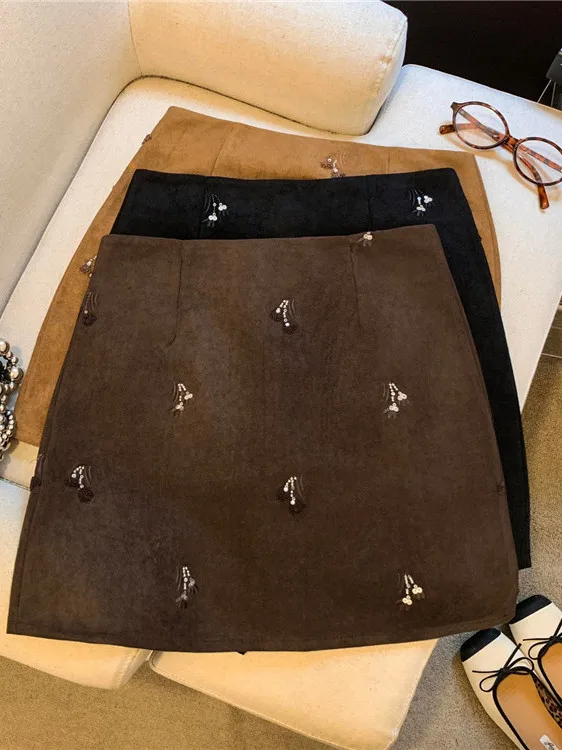 Retro Cherry Embroidery High Waist A-Line  Skirt Women's Early Autumn Coffee Color Fabric Casual High Waist Versatile Skirt