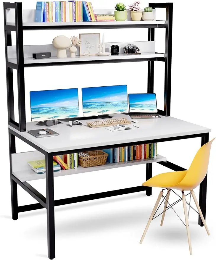 

Aquzee Computer Desk with Hutch and Bookshelves, 55 inch Width White Desk with Shelves for Storage, Easy Assemble