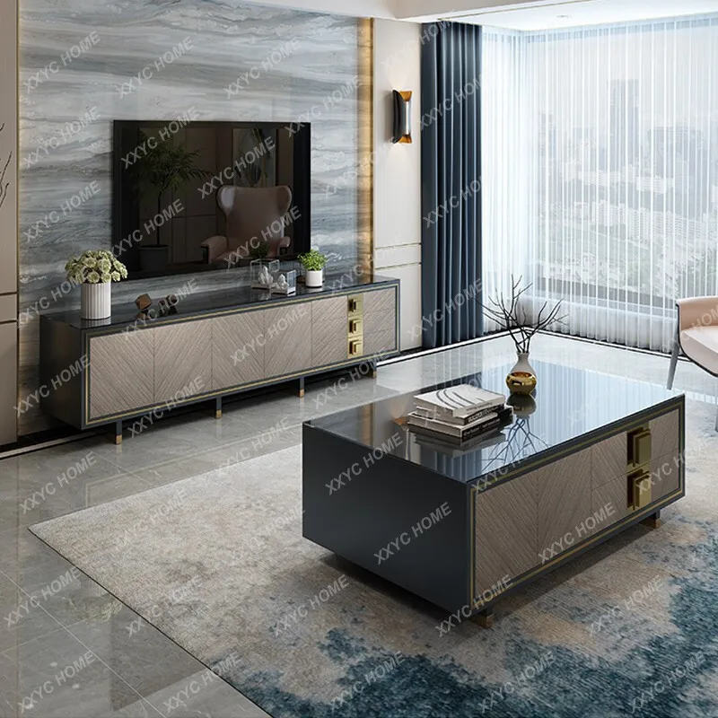 Simple TV cabinet coffee table combination TV Nordic light luxury walnut rounded corner small apartment living room