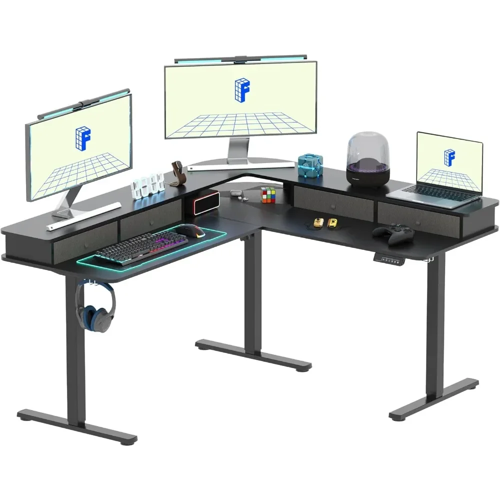 63'' L Shaped Computer Desk with Monitor Shelf, 4 Storage Drawers, Adjustable Computer Workstation, Electric Corner Table