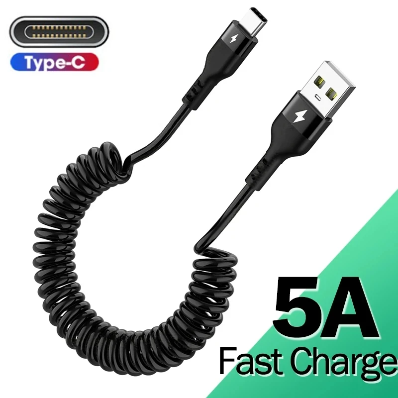 5A USB Type C Data Cable USB Spring Pull Telescopic Fast Charging Cable Cord Universal Android Phone Accessories Car USB Cables