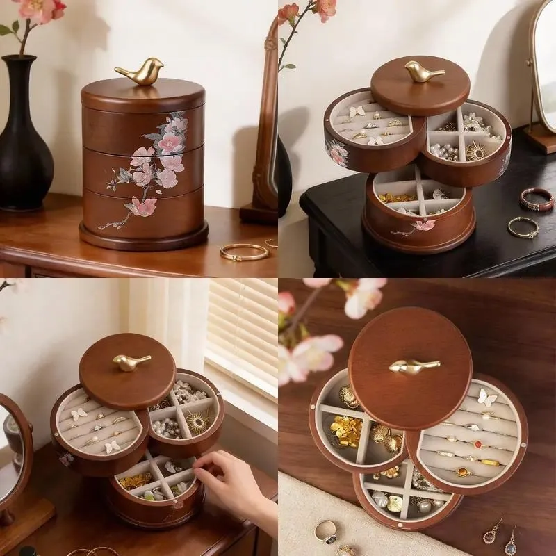 New Solid Wood Jewelry Storage Box High End Exquisite Rotatable Organizer for Rings Necklaces Earrings Valentine Day Gift