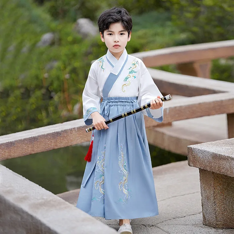 Hanfu-Disfraz tradicional de dos piezas para estudiante de primaria, traje de Cosplay de caballero sobredimensionado, color azul claro, 100% poliéster