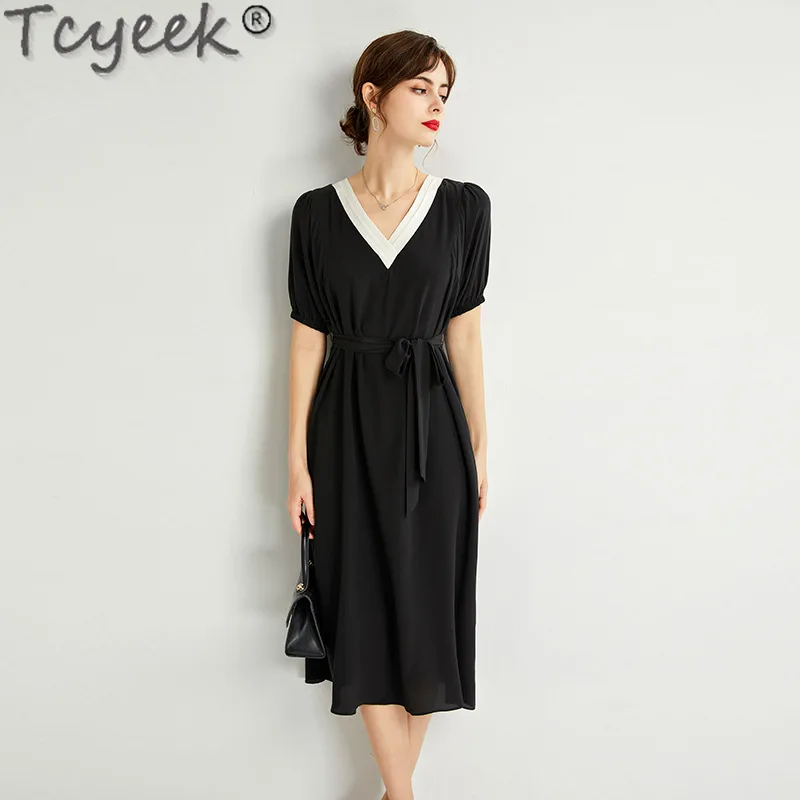 Tcyeek 100% Real Mulberry Silk Dress Summer Woman Clothes Elegant Dresses for Women 2024 French Black Dress Fashion Party Dress