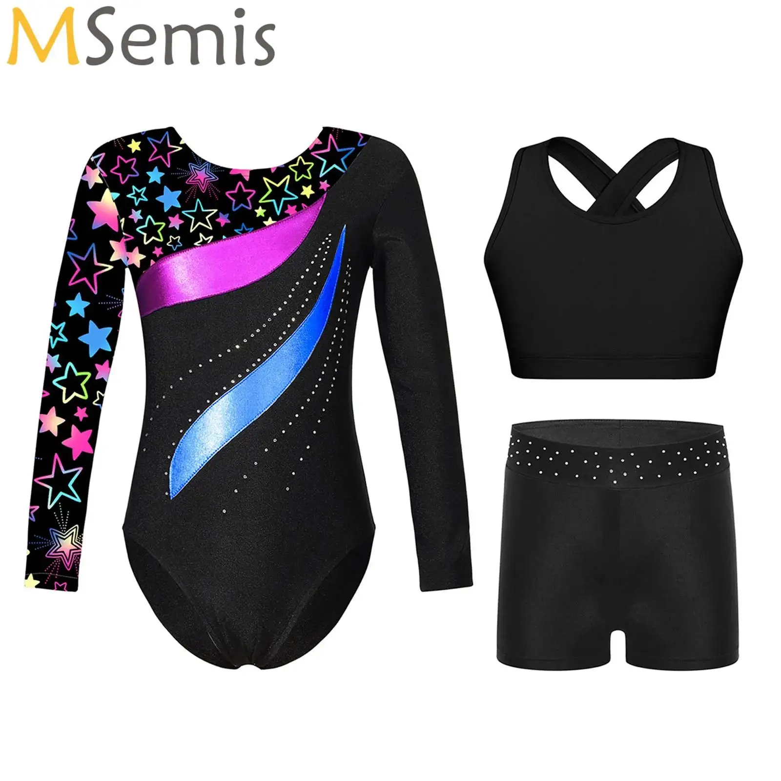 

Children Gymnastics Jumpsuit Girls Long Sleeve Metallic Ballet Dance Outfits Kids Dancewear Performance Competition Clothes Sets