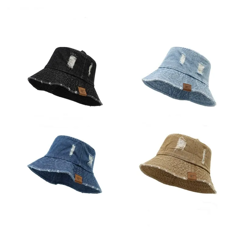 Unisex Outdoor Washed Brushed Denim Bucket Hat With Label Breathable Sun Protection Hat Vintage Fisherman Hat
