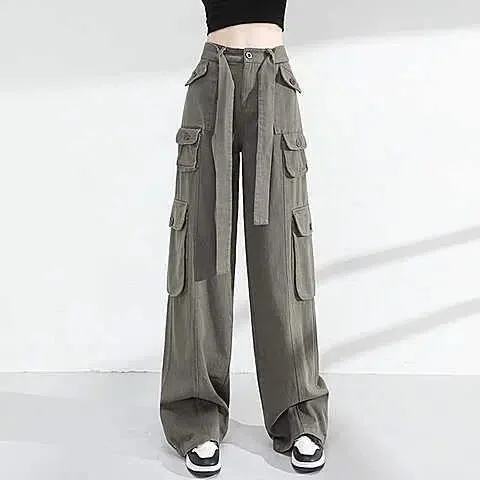 New Retro Demin Cargo Pants Women Y2k Streetwear Casual Baggy Straight Trousers Fashion Wide Leg Pockets Joggers Jean Trousers