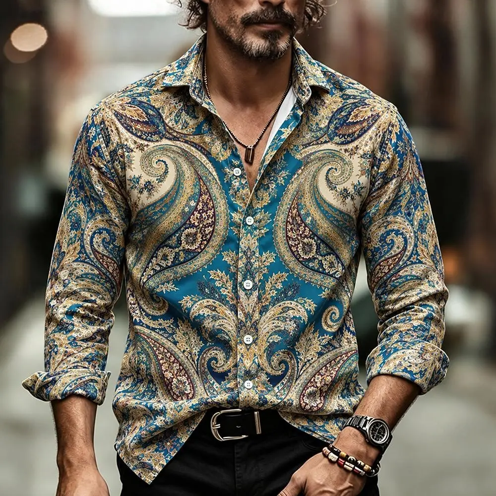 Men's Long Sleeve Lapel Shirt, Blue Purple Gradient Paisley Print Blouse, Vintage Ethnic Vacation Top