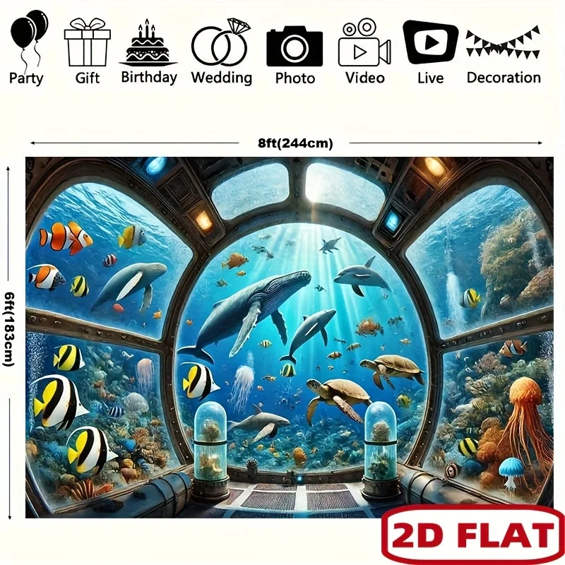Underwater Submarine Window Whale Shark Tapestry 2D Flat Printing Wall Hanging Backdrop for Kids Room Decor Ocean Aquarium Art