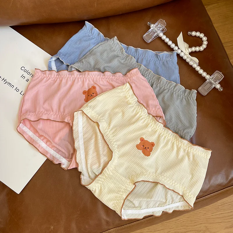 3XL Large Size Women Ice Silk Bear Cartoon Cute Lovely Sweety Panties Princess Lolita Breathable Elasticity Underwear Breifs