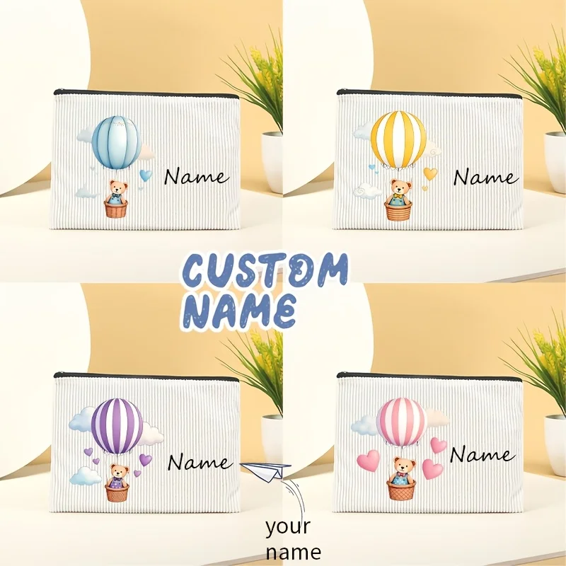 Personalized Name Teddy Bear Hot Air Balloon Cosmetic Pouch Corduroy Custom Print Travel Makeup Storage Zipper Bag Kids Gift