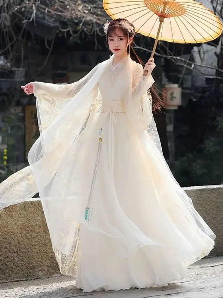 Spitze Stickerei Hanfu Weibliche Cosplay Kostüm Sommer Atmungsaktive Fee Chinesischen Stil Kleid Nationalen Tanz Performance Kleidung