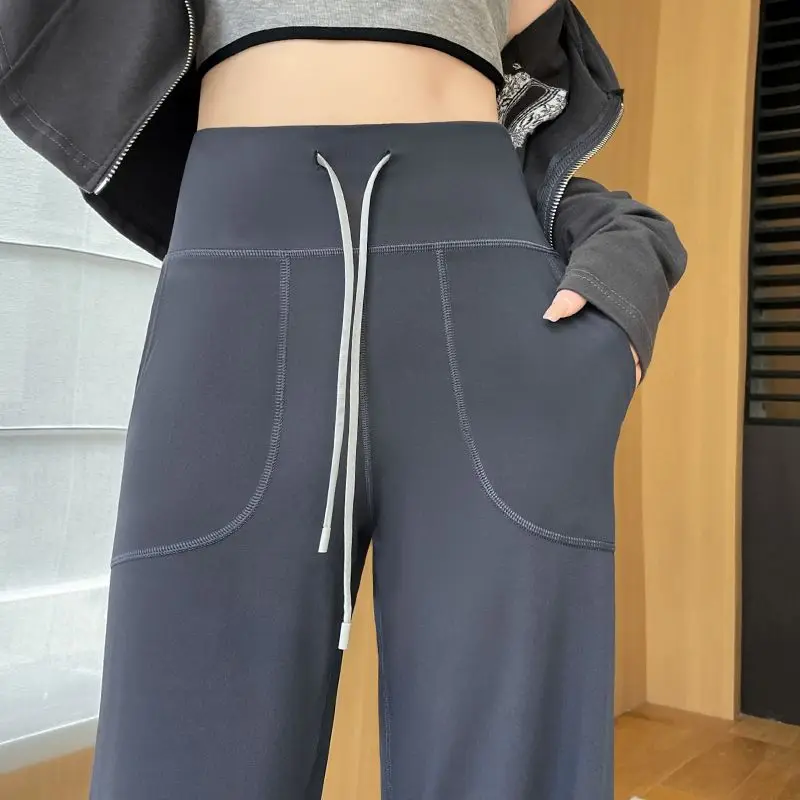 Calça de ioga feminina com cordão reto, calça de cintura alta com pernas largas flácidas, casual, varredora de chão esportivo, novo, 2023