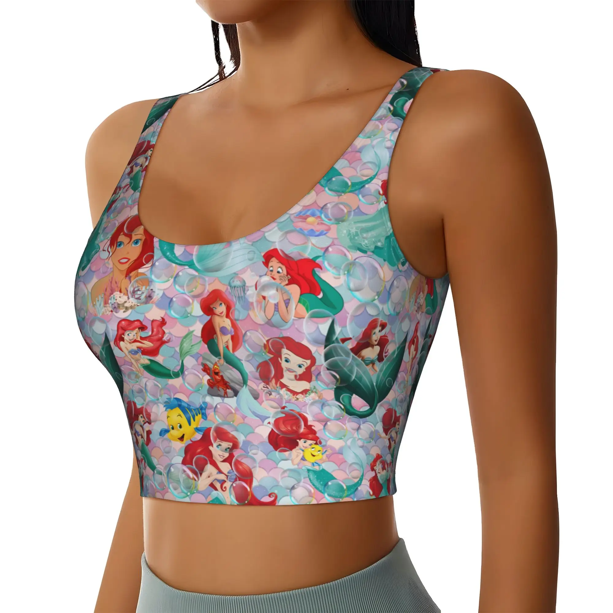 Custom Women Littles Anime Mermaides Sports Bras  High Impact Gym Workout Yoga Crop Tank Tops