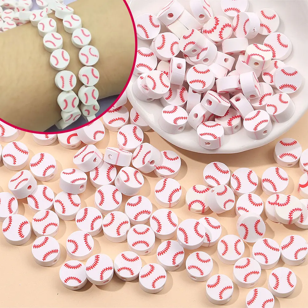 21/63/105pcs Multi Colored Clay Baseball Pattern Decorative Beads,DIY Keychains,Necklaces,Beach&Birthday Gift Making Accessories
