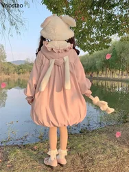 Japanese Autumn Winter Women Sweet Lolita Warm Jacket Kawaii Lace Ruffles Bow Pocket Rabbit Ears Hooded Coat Girl Parkas Outwear