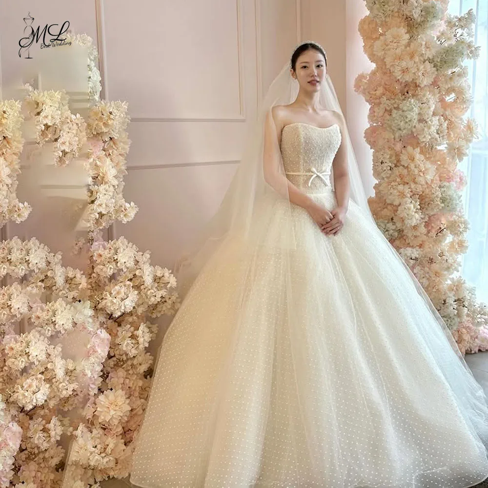 ML Graceful Bow Belt Strapless Wedding Party Dress Polka Dot Lace A-Line Korea Photo shoot Bridal Gown Custom Made New