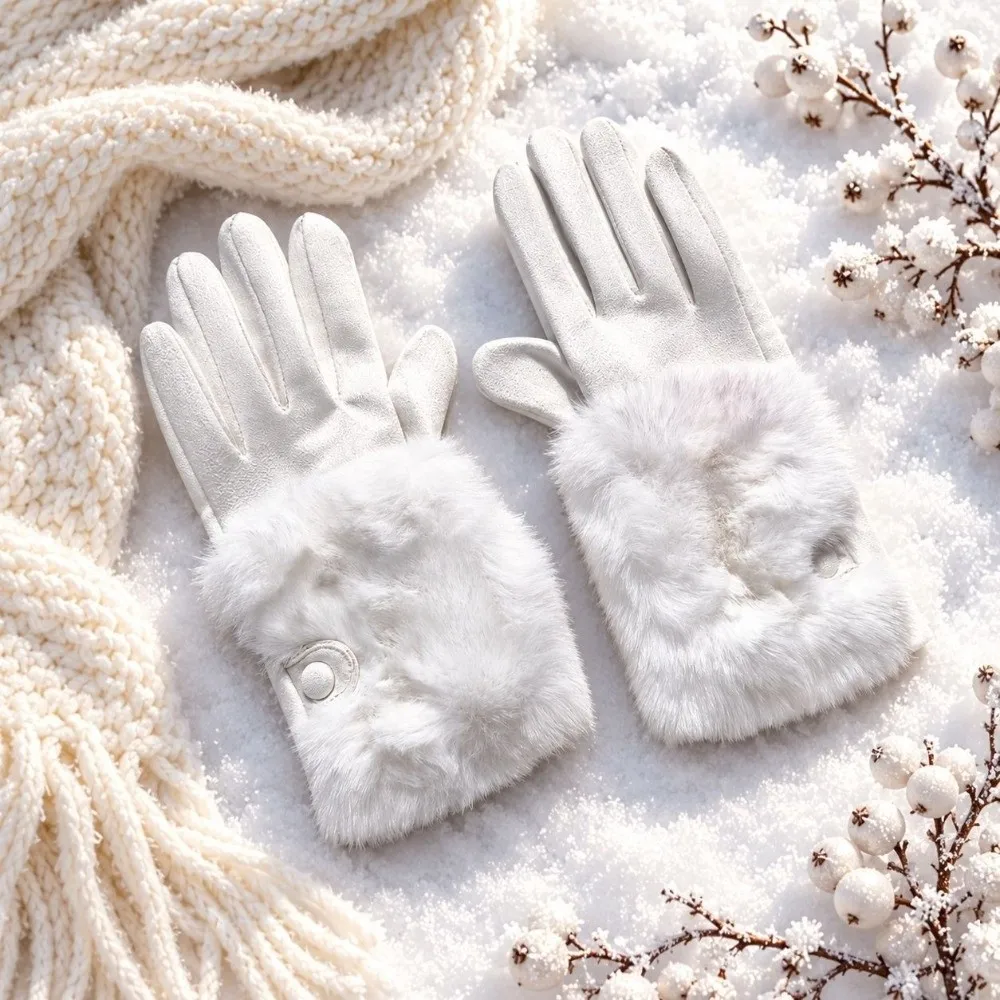 Plush Thermal Gloves Polyester Buckle Design Winter Warm Gloves Thick Lined Faux Fur Cuff Split Finger Gloves Christmas Gifts