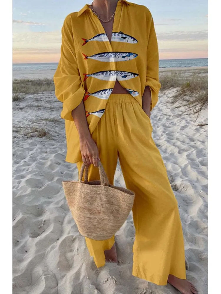 

Fashion Holiday Set Lady Casual Print Long Sleeve Shirts Top+High Waist Wide Leg Pants Two Piece Sets For Women Boho Clothes New