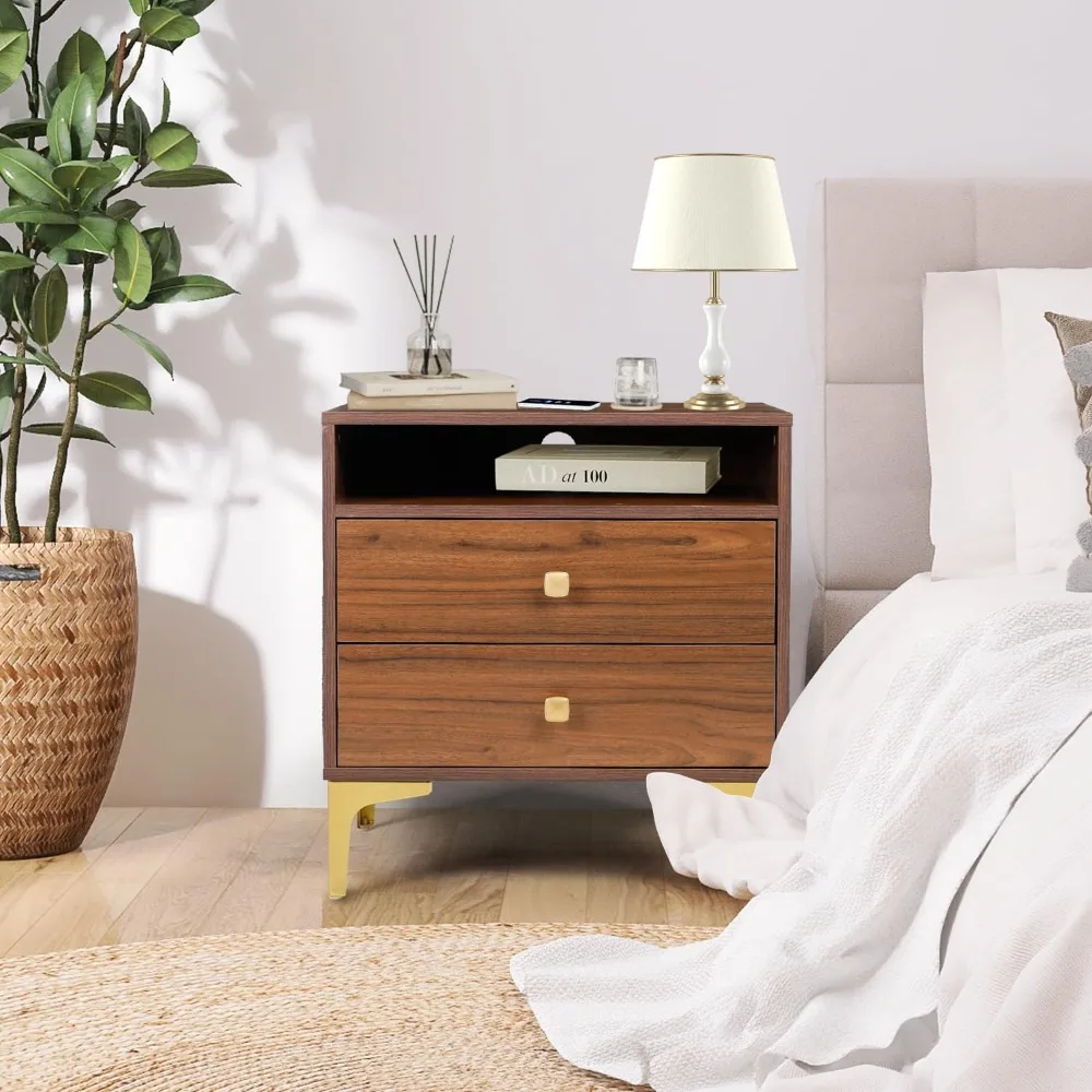 Nightstands Set of 2 with Wireless Charging Function, Wood Night Stands 2 Sets with Drawers and Open Shelf Storage