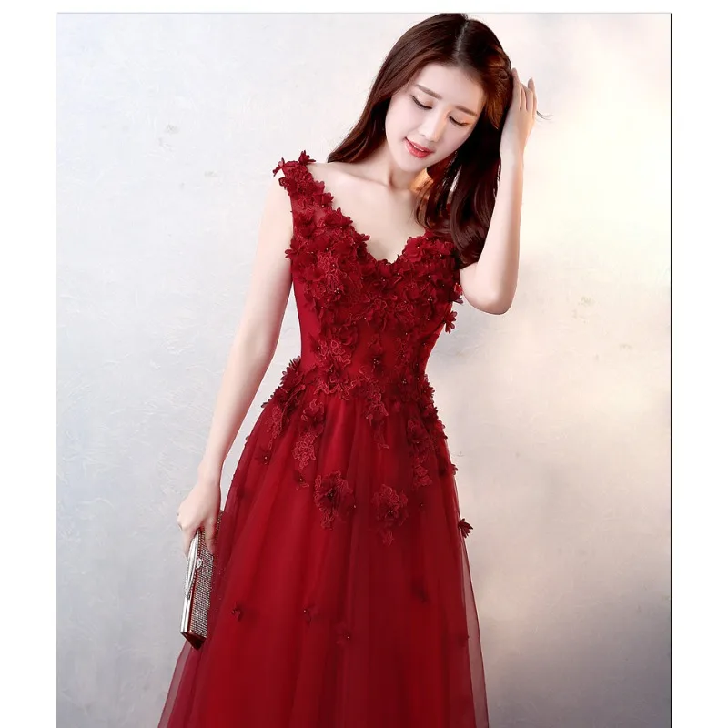 2026 New Women's Sexy V-neck Embroidered Bridal Wine Red Toast Evening Dress Fashionable Slimming Banquet Slimming Long Dress