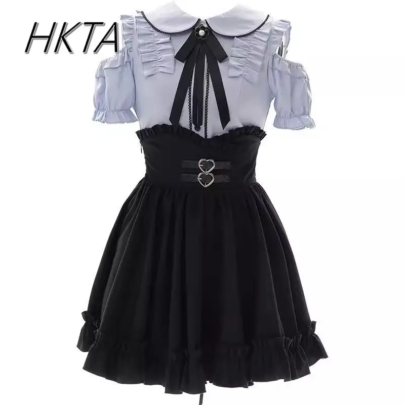 Mijn Japanse Lange mouwen Rok Set Meisje Lolita Off-shoulder Blouse Hoge Taille Nauwsluitende Zwarte Ruche korte Rok Pak