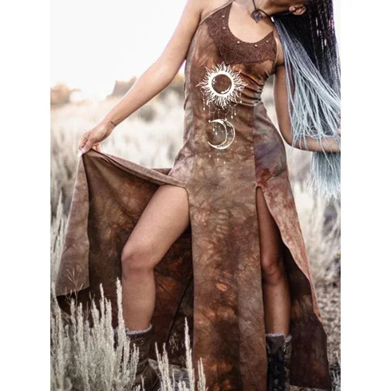 Aa Bear House 002 disfraces de cosplay Vintage para mujer, vestido largo con abertura y estampado renacentista sin mangas, coágulo tribal femenino WAT99 ★ ★