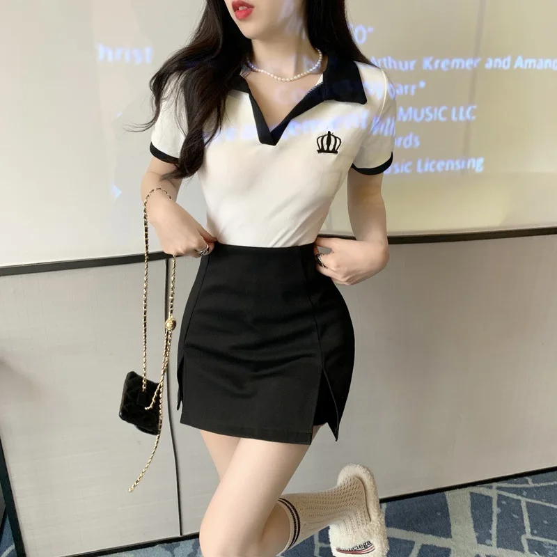Japanese Style Short Crop Top And Skirt Set Women's Turn-down Collar Slimming Half-length Split Shorts Dress Two-piece Set