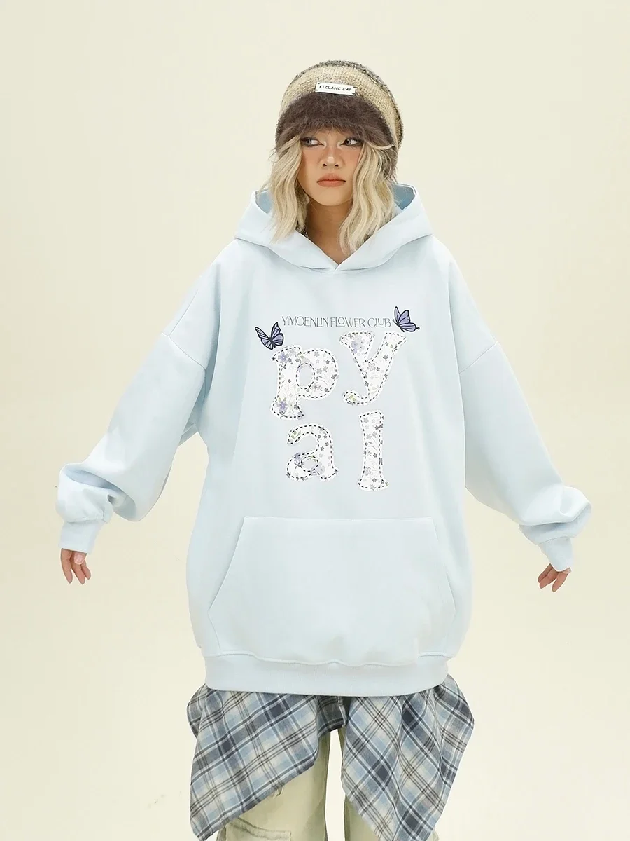 Butterfly Letter Floral Hoodies Women's 2024 Autumn New Loose Bf American Lazy Style Top