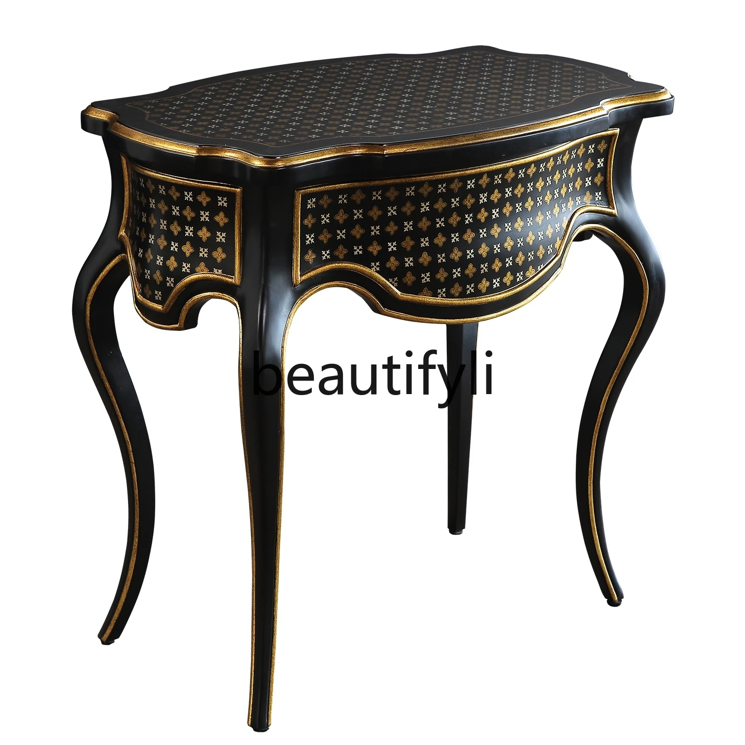 

Italian Retro Antique Style Birch Solid Wood Side Table Black with Gold and Silver European Style