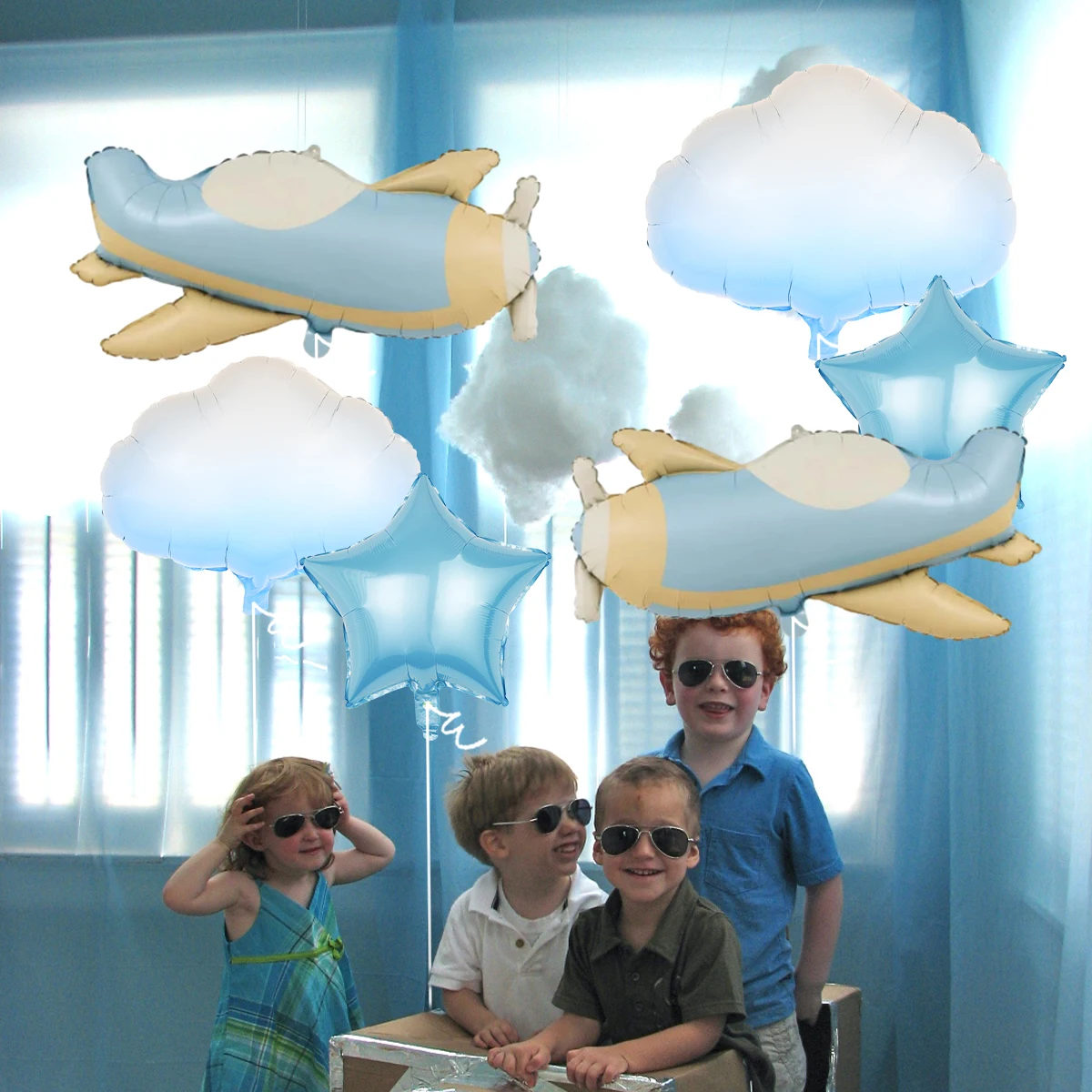 6pcs airplane balloon set, airplane, white cloud, star balloons, suitable for birthday party, adventure theme party decorations