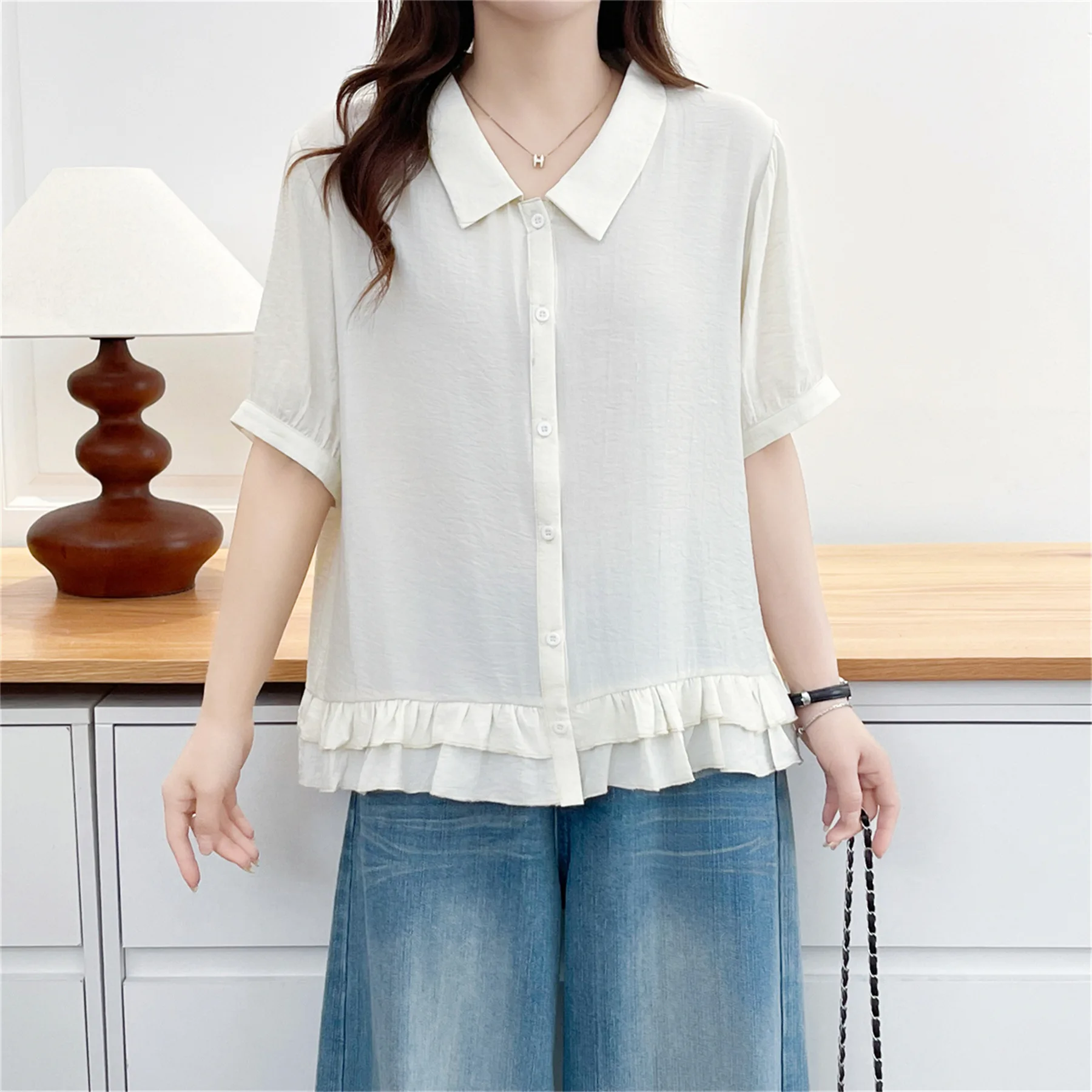 2026 Summer Plus Size Thin Ruffle Hem Open Blouse Short Sleeve Simple Daily Loose Shirt Curvy Ladies 8679 view 4