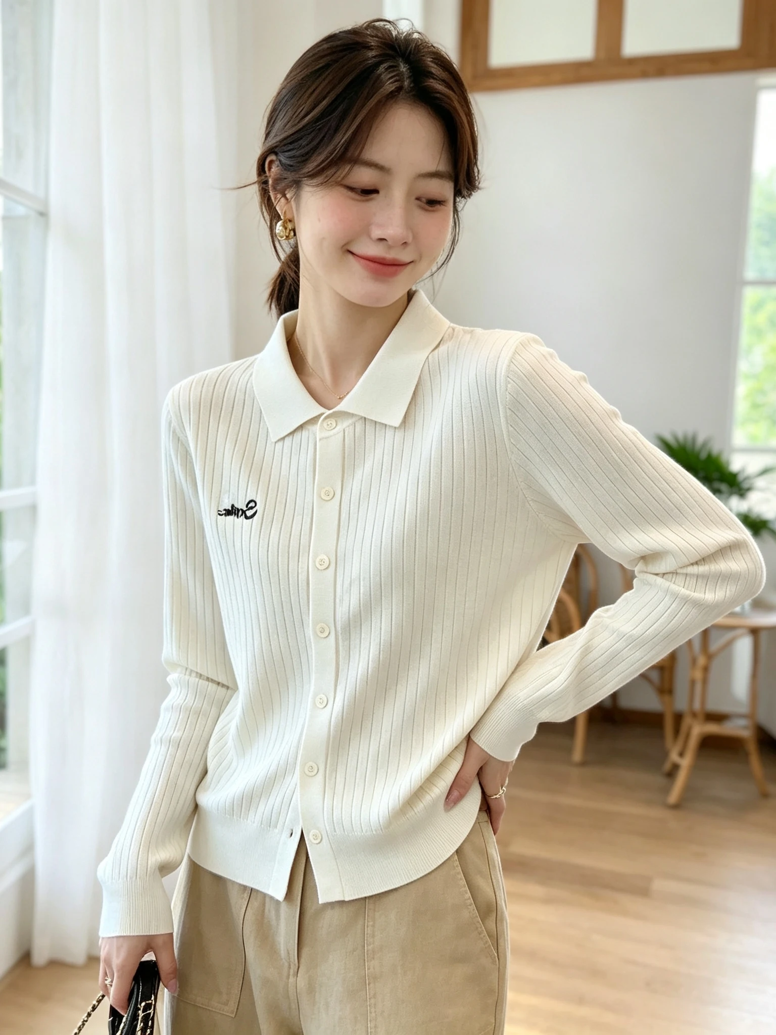 Soft Knitted Long Sleeve  Neck Pullover Top in Beige with Letter Embroidery Regular Fit Commute Friendly Fashion Piece