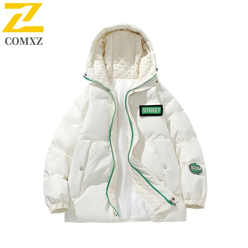COMXZ Men Fleece Lined Jacket Winter Autumn Korean Style Waterproof Windproof Hooded Outdoor Sports Casual Solid Color Coat 2025