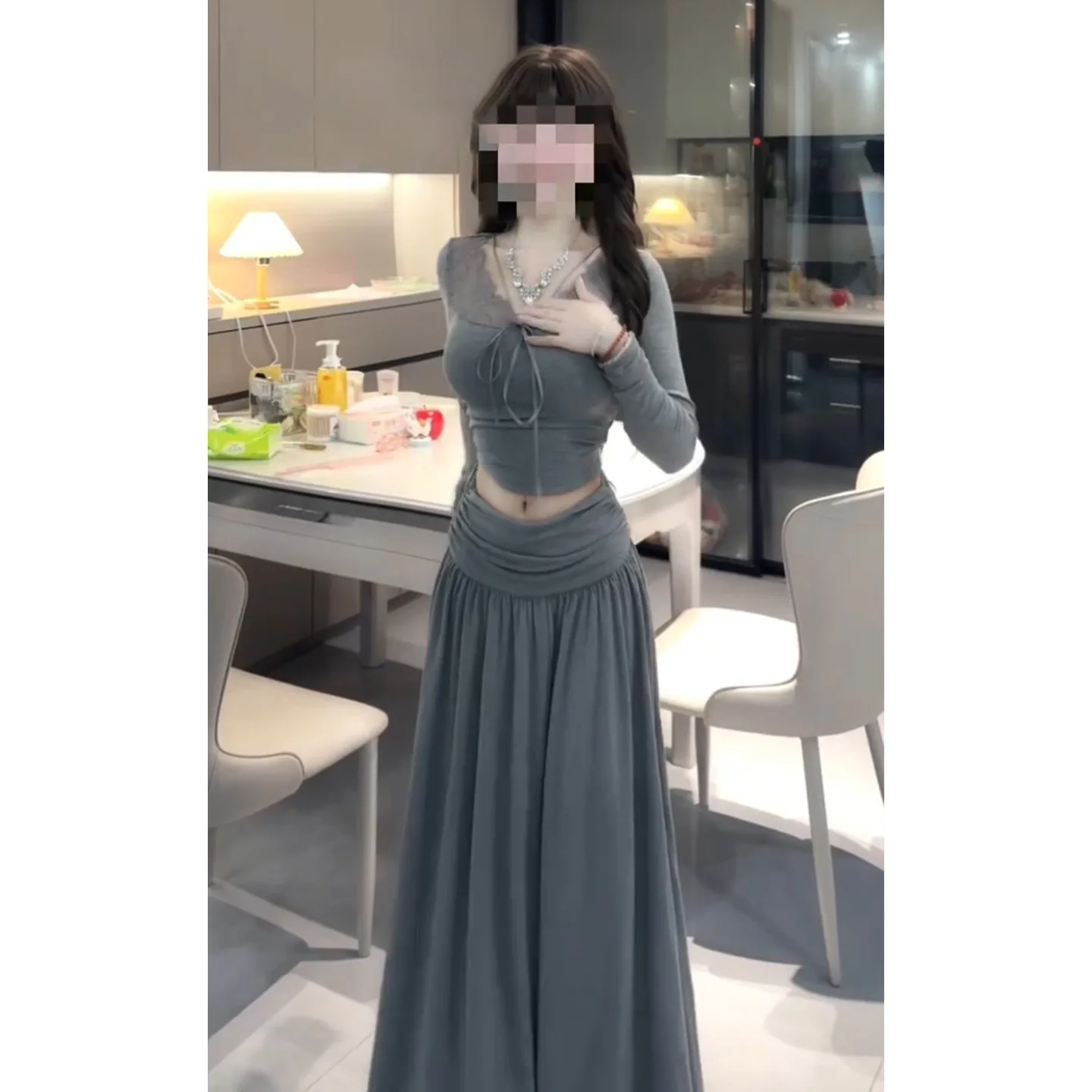 

Spring 2026 New Grey Long Sleeve Dress Women's Two-Piece Set Korean Style Casual Sportswear Ensemble Street Fashion Trend