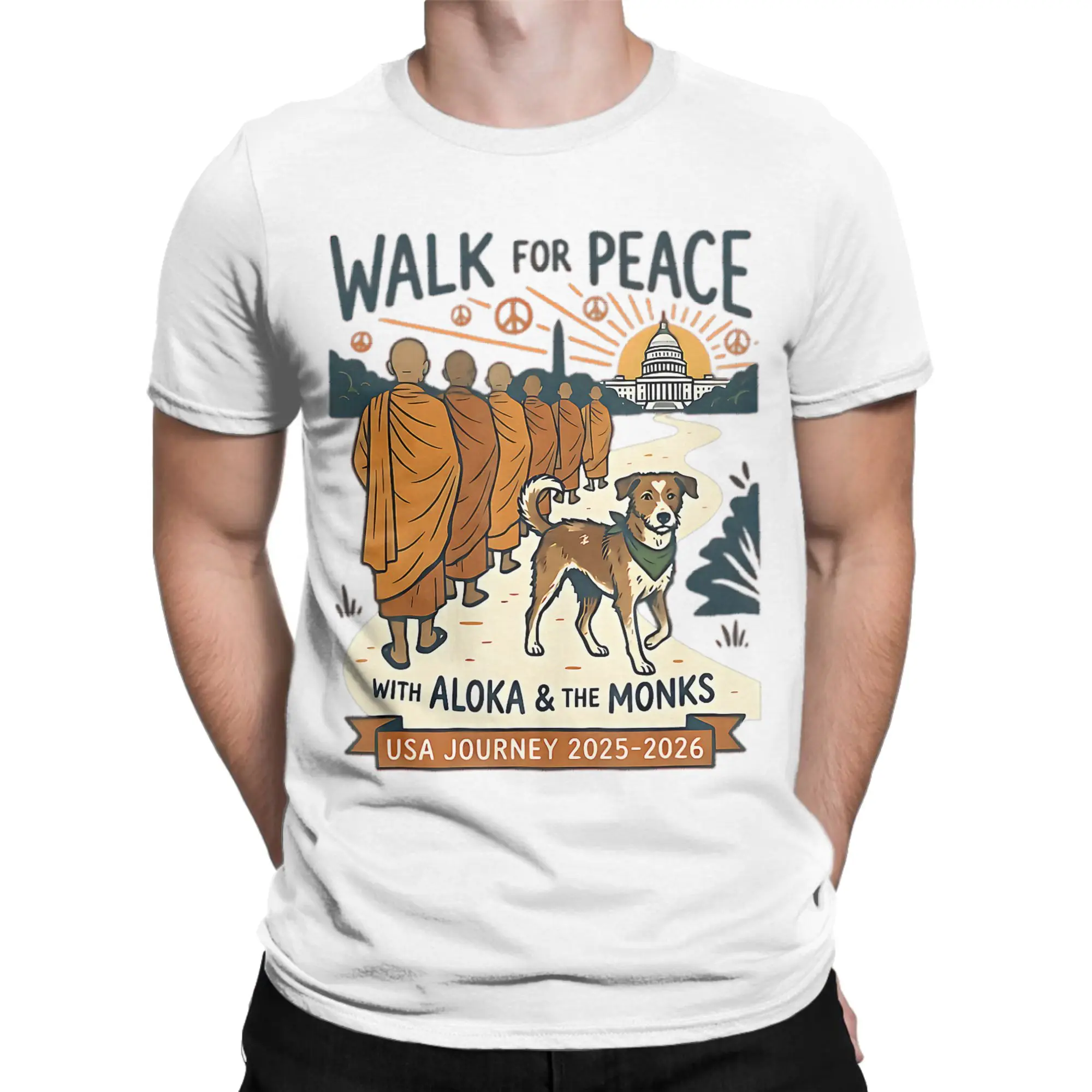 Vintage T Shirt Summer Walk for Peace Monks Dog USA Journey 2025-2026 Vintage Zen Hipster T Shirts Cotton Tee Shirt for Men